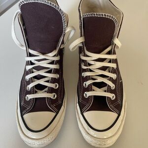 Converse Maroon High-Tops with Cream Accents
Deep maroon-brown color. Used once!